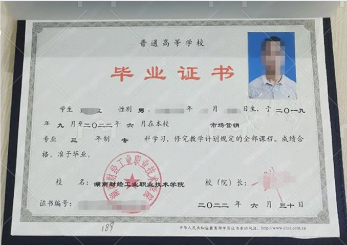 湖南财经工业职业技术学院2022年普通全日制专科毕业证书样本图片（市场营销）